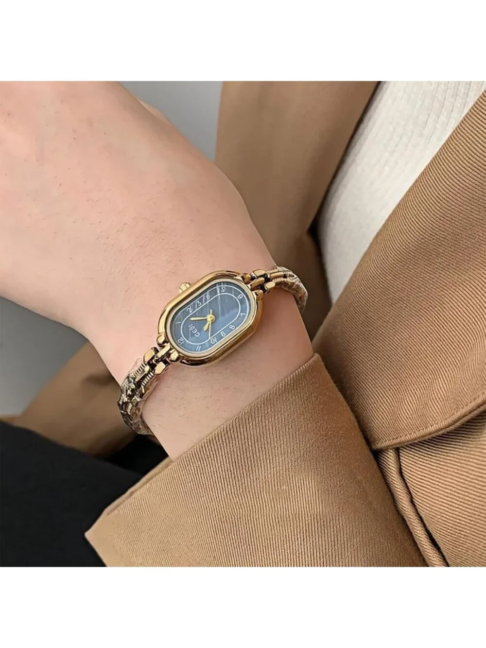 Women's Blue Oval Vintage Bracelet Small Quartz Dress Bangle Analog Wrist Watch